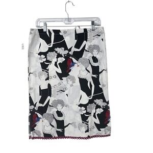 Beebop & Wally Midi Skirt Womens XS White Black Graphic Bird Embroidered Cotton